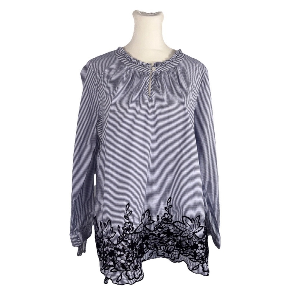 Talbots Plus Size X Blue & White Striped Embroidered Long Sleeve